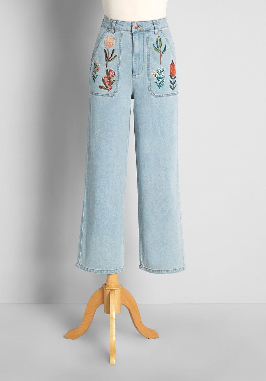 ModCloth Australian Roots Embroidered Wide-Leg Jeans by MODCLOTH