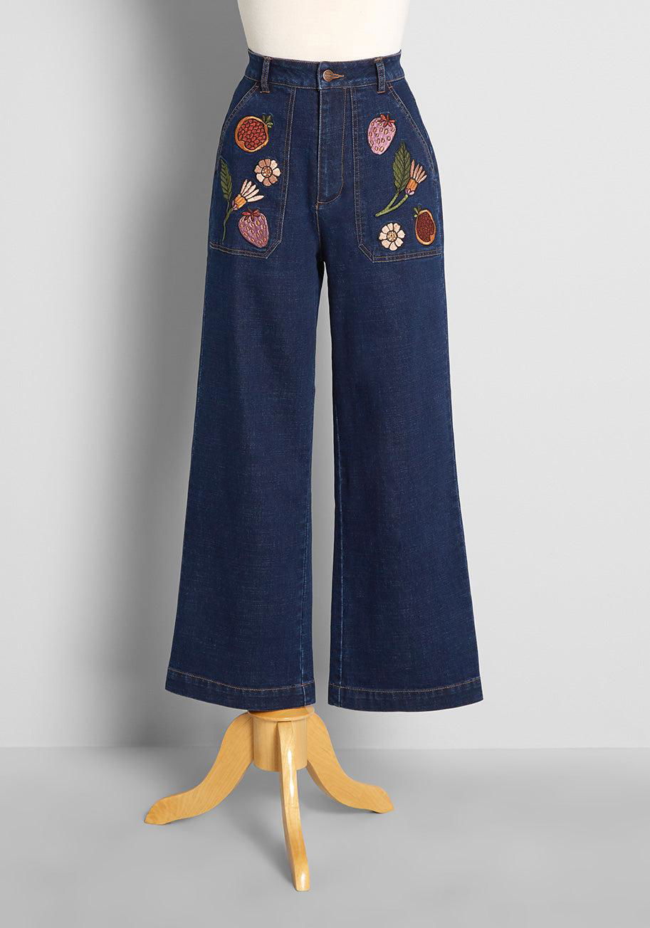 ModCloth Blossoming With Fruits Embroidered Wide-Leg Jeans by MODCLOTH
