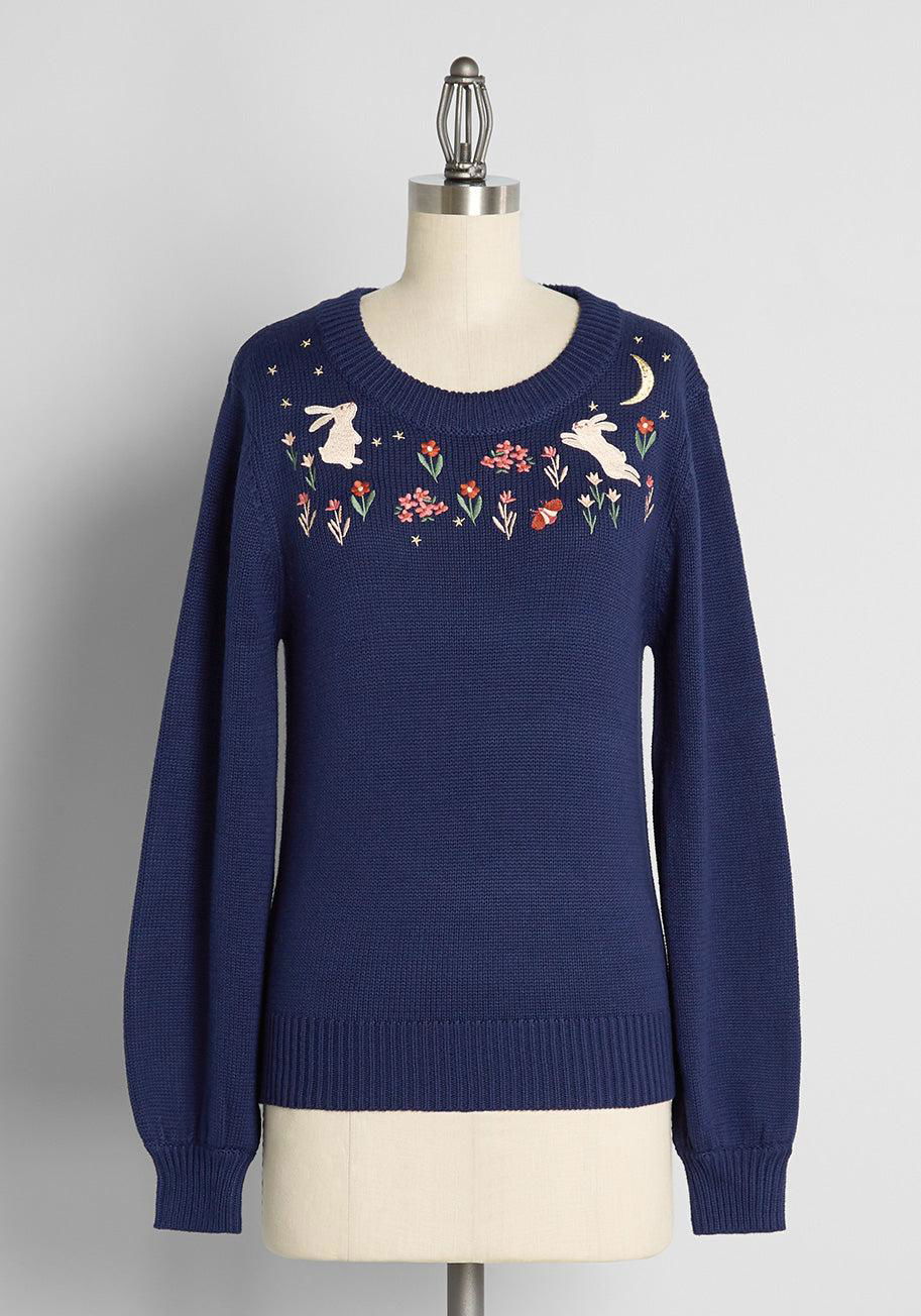 ModCloth Midnight Bunny Hop Embroidered Sweater by MODCLOTH