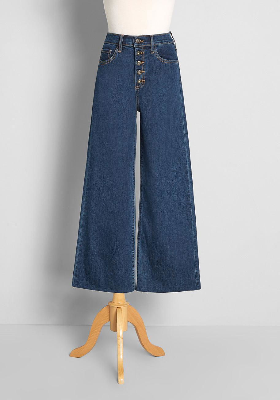 ModCloth Moving and Grooving Button-Fly Wide-Leg Jeans by MODCLOTH