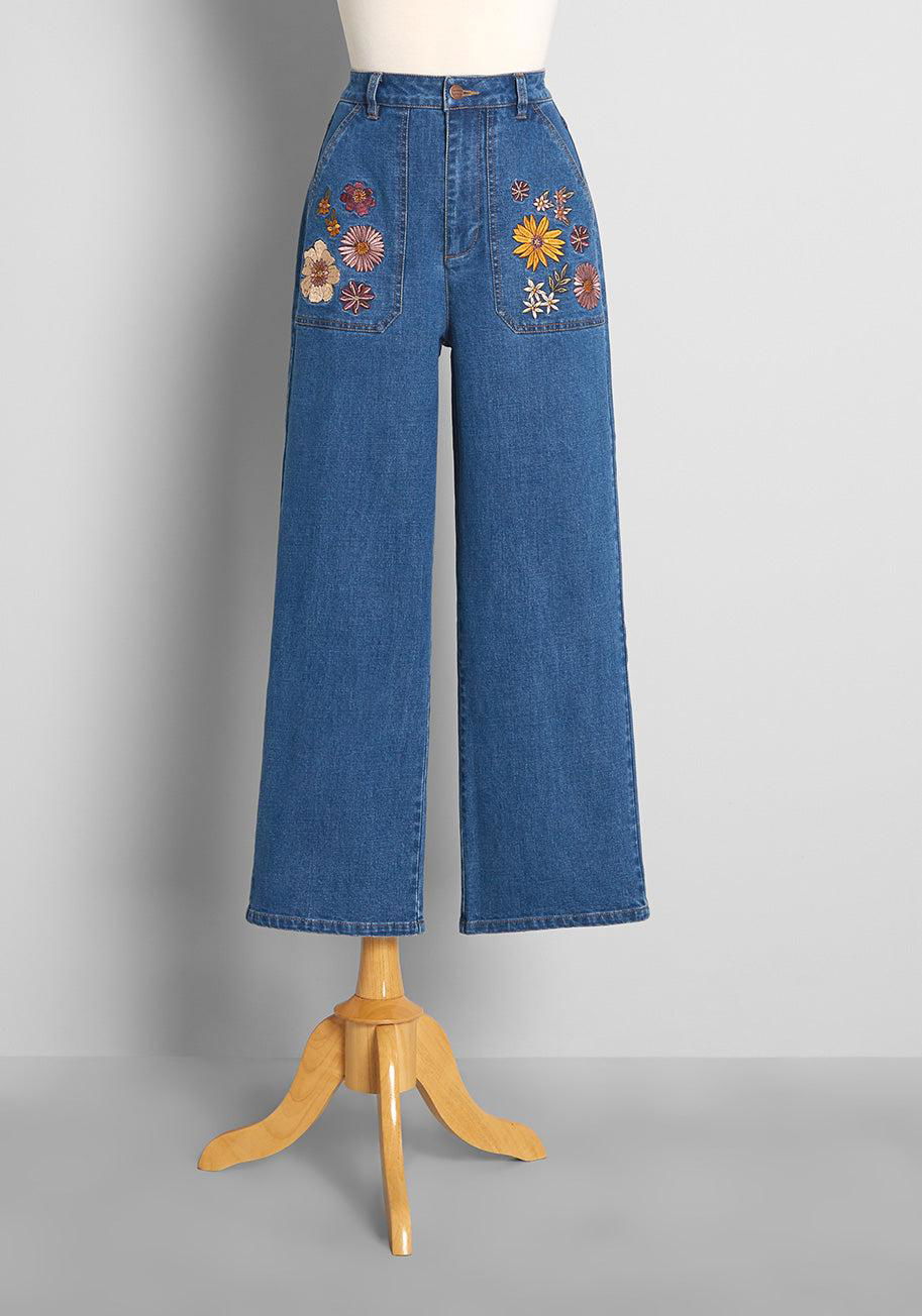 ModCloth x Princess Highway Floral Embroidered Wide-Leg Jeans by MODCLOTH
