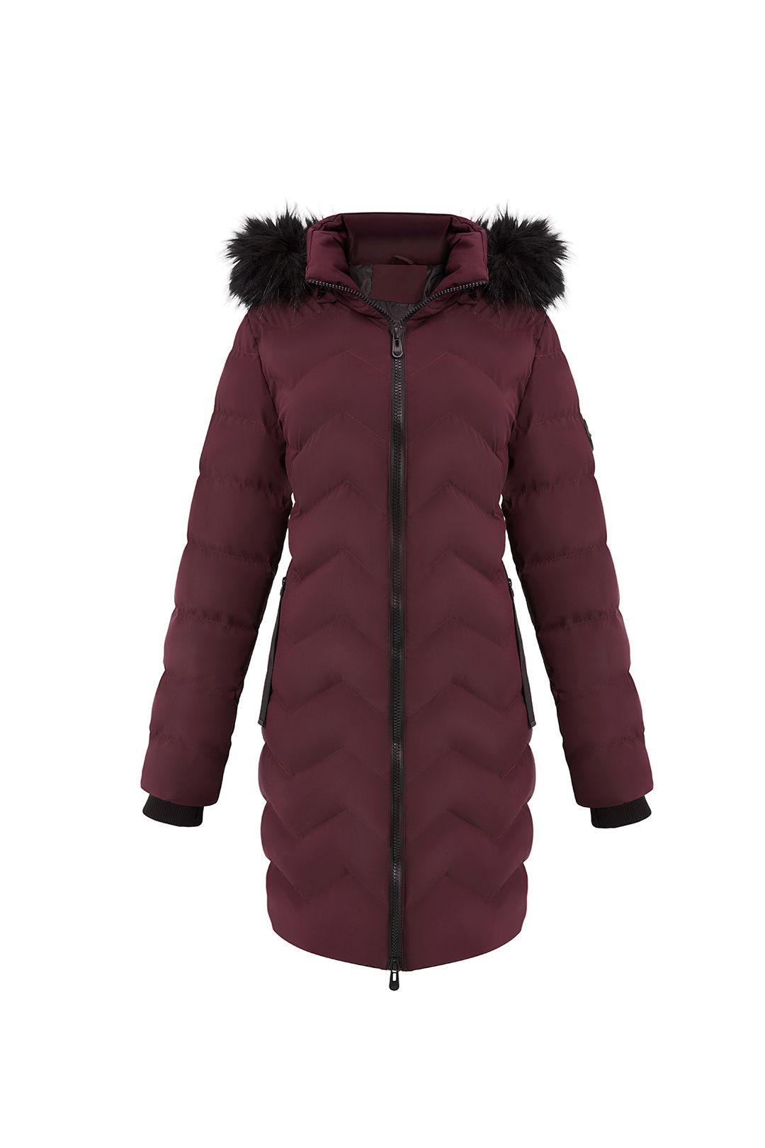 Detachable Hooded Mid-length Chevron Quilted Coat with Faux Fur Trim by MODISHION Detachable Hooded Mid-length Chevron Quilted Coat with Faux Fur Trim by MODISHION