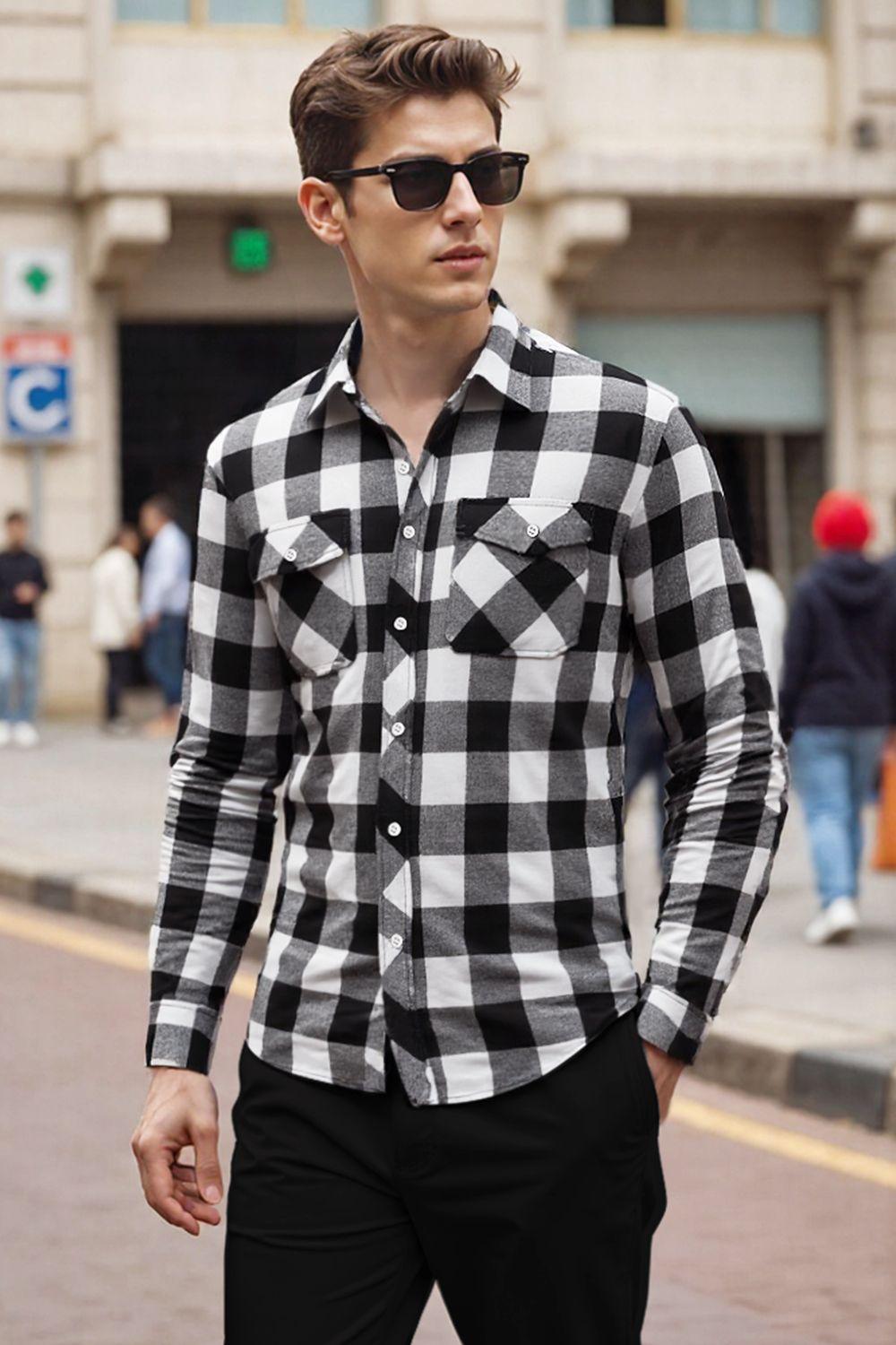Flannel Plaid Shirt with Turn-Down Collar by MODISHION