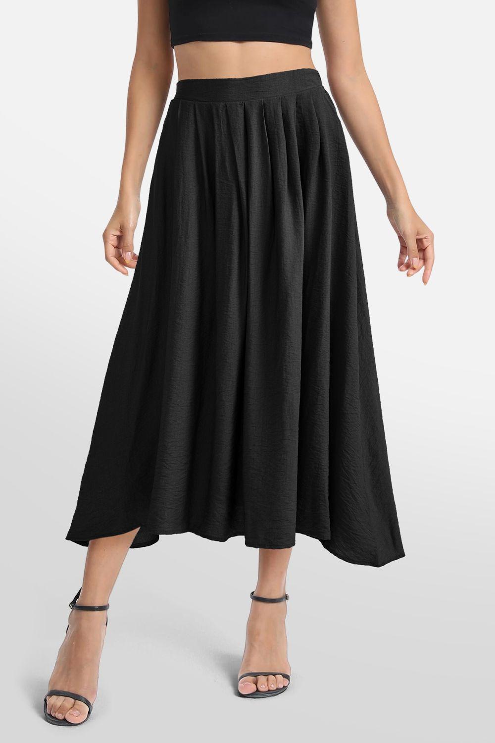 High Waist A-line Midi Skirt with Partially Elastic Waistband and Pockets by MODISHION