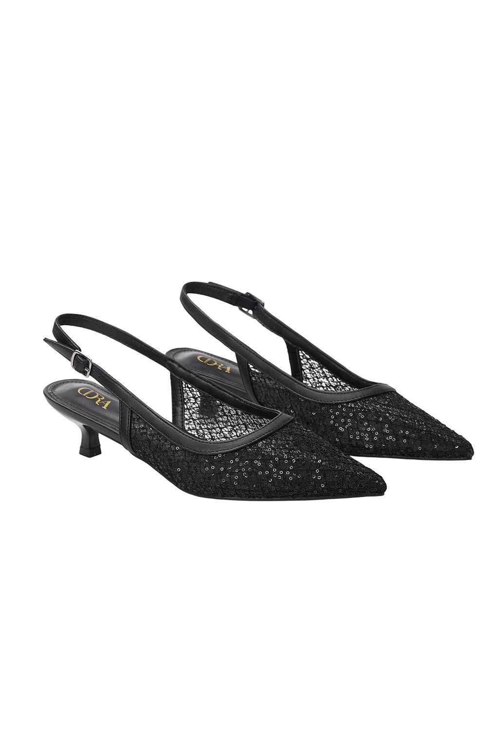 Lace Mesh Pointed Slingback Pumps Low Heels by MODISHION