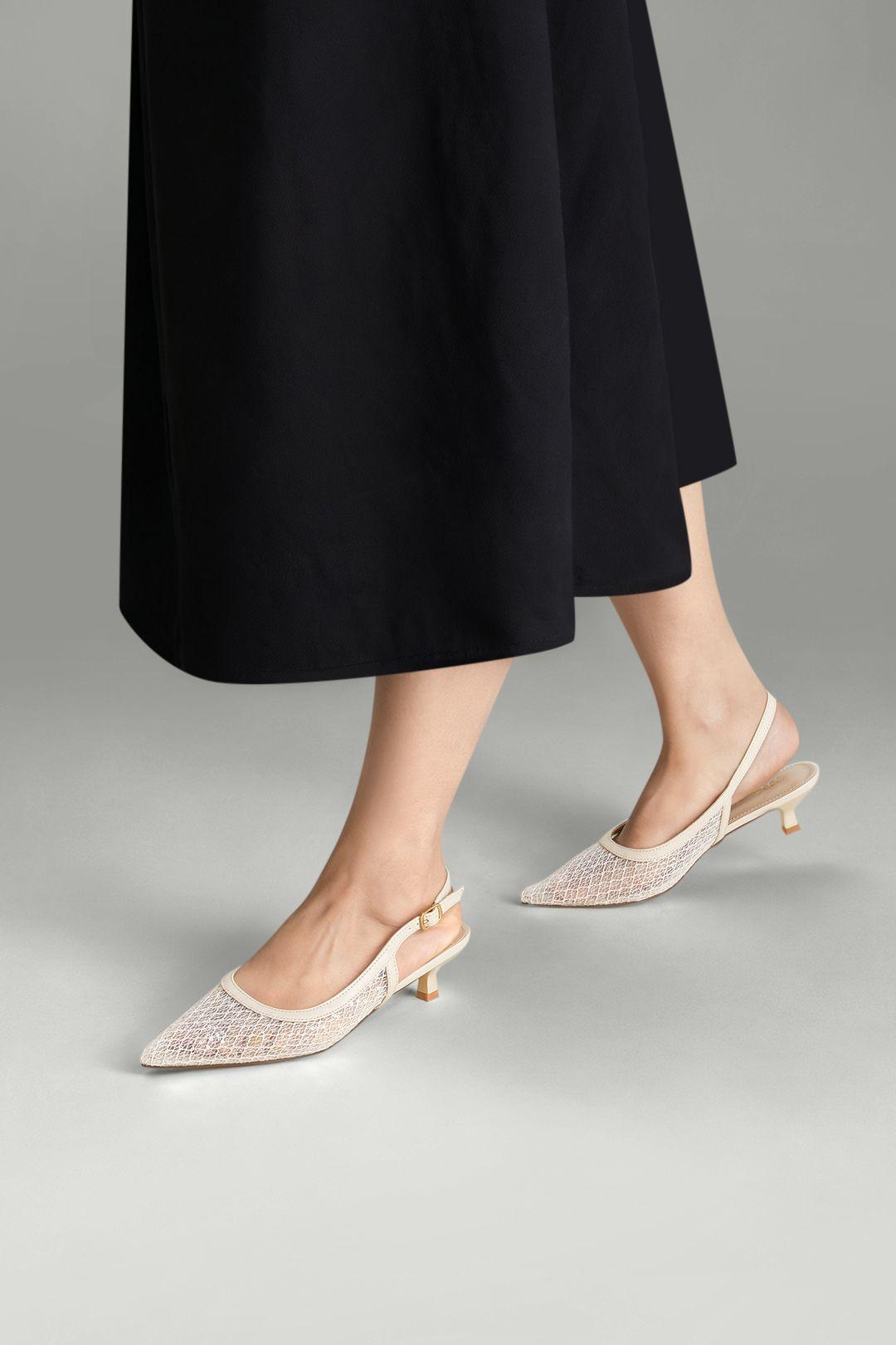 Lace Mesh Pointed Slingback Pumps Low Heels by MODISHION