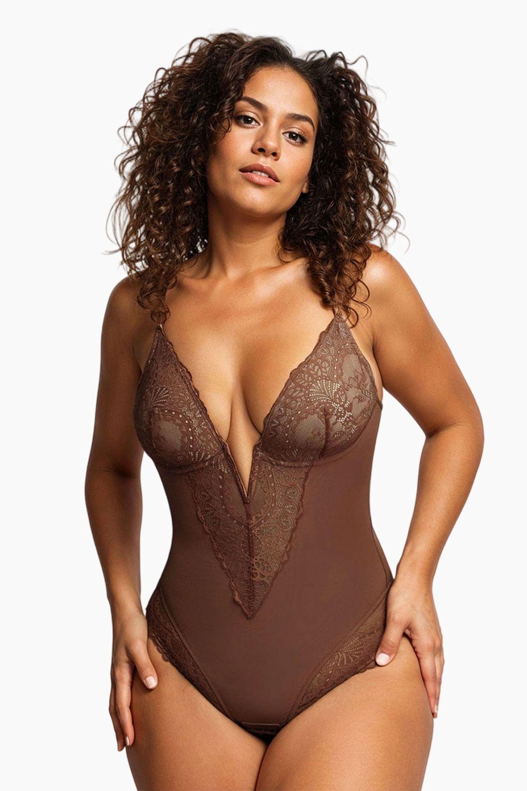 Lace Tummy Control Body Shaper Bodysuit with Adjustable Straps by MODISHION