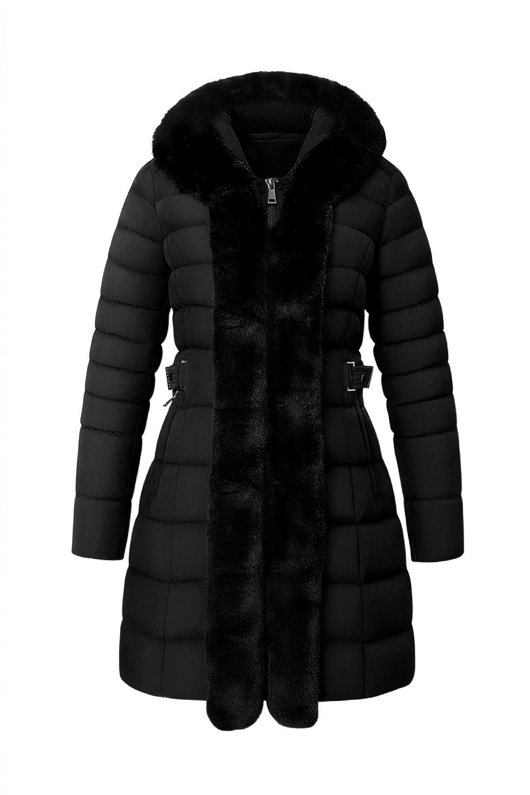 Solid Polyester Quilted Coat with Faux Fur Hood by MODISHION
