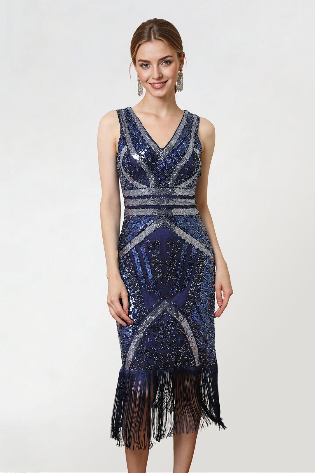 V-Neck Sequin Tassels Party Dress by MODISHION