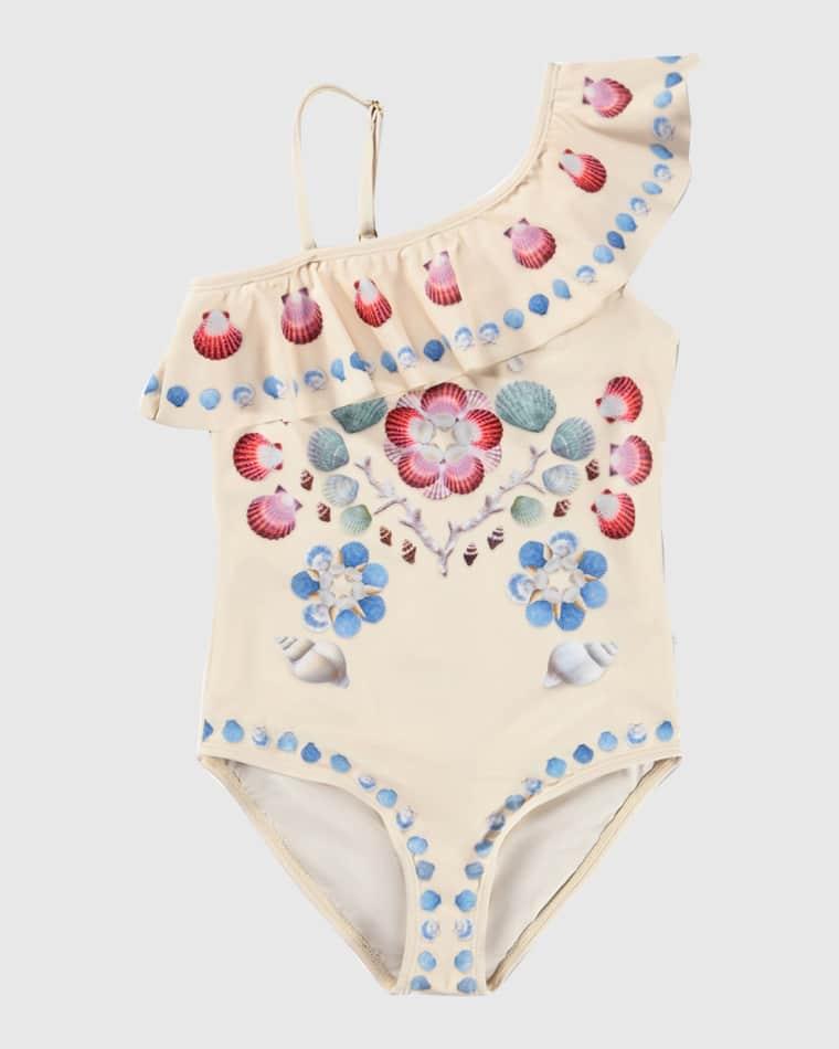 Girl's Net Asymmetric Ruffled One-Piece Swimsuit, Size 8-12 by MOLO