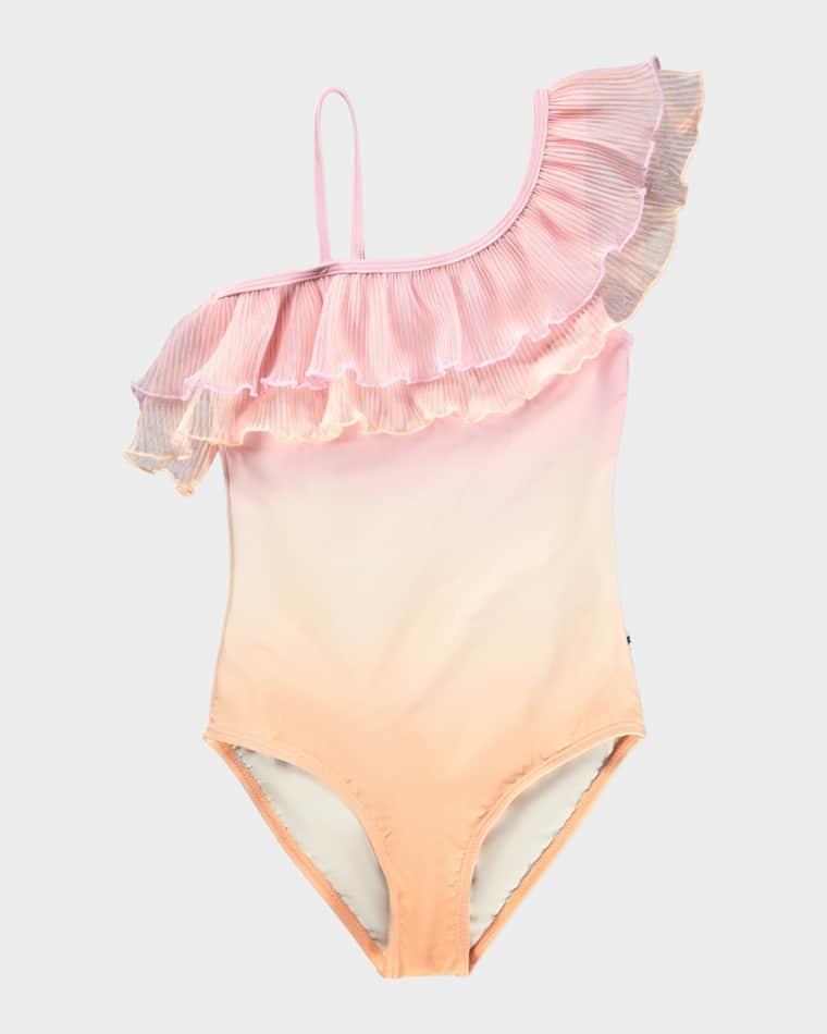 Girl's Nilla Asymmetric-Ruffle One-Piece Swimsuit, Size 3-10 by MOLO