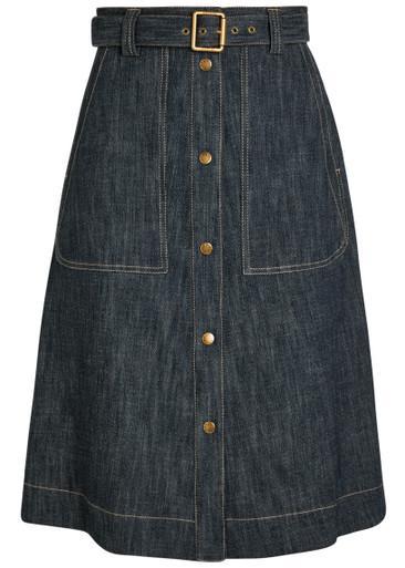 Belted stretch-denim midi skirt by MONCLER