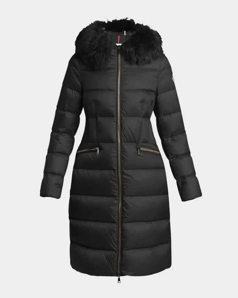 Boedic Long Down Coat with Detachable Shearling Trim by MONCLER