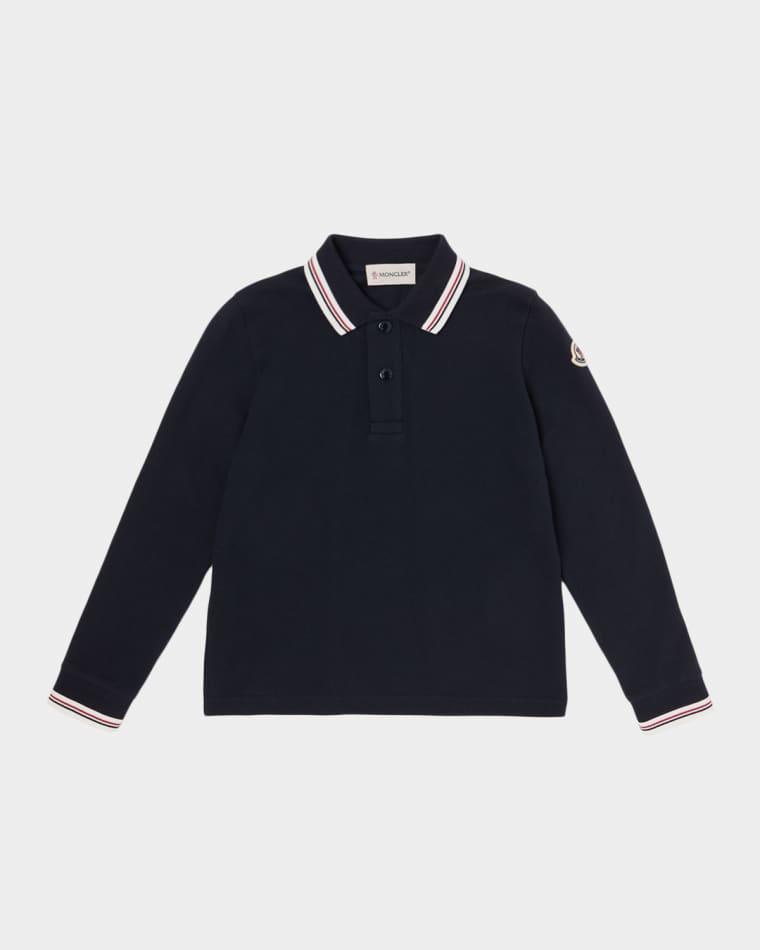 Boy's Tricolor-Trimmed Long-Sleeve Polo Shirt, Size 8-10 by MONCLER