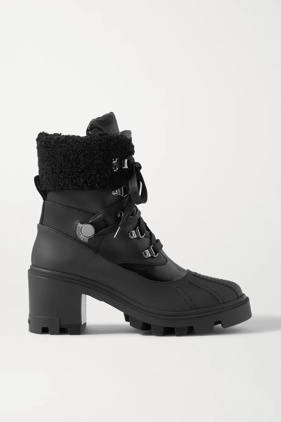 Corinne leather and faux shearling-trimmed rubber ankle boots by MONCLER