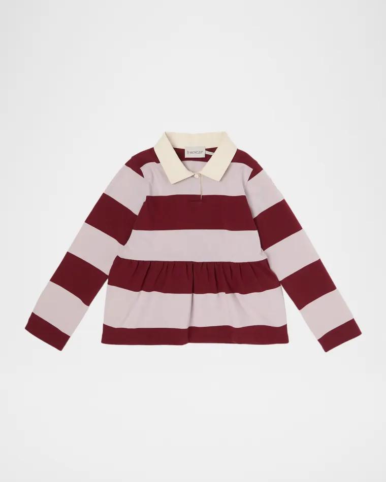 Girl's Long-Sleeve Striped Polo Shirt, Size 8 by MONCLER