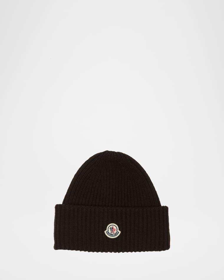 Men's Cashmere and Wool Rib Logo Beanie Hat by MONCLER