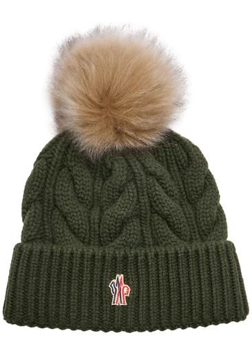 Pompom cable-knit wool-blend beanie by MONCLER