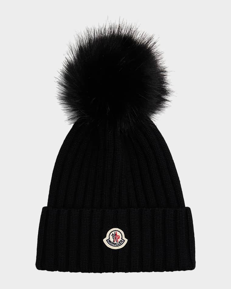 Ribbed Beanie with Faux Fur Pom by MONCLER