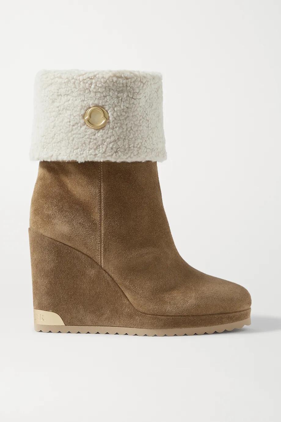 W Short shearling-lined suede wedge ankle boots by MONCLER