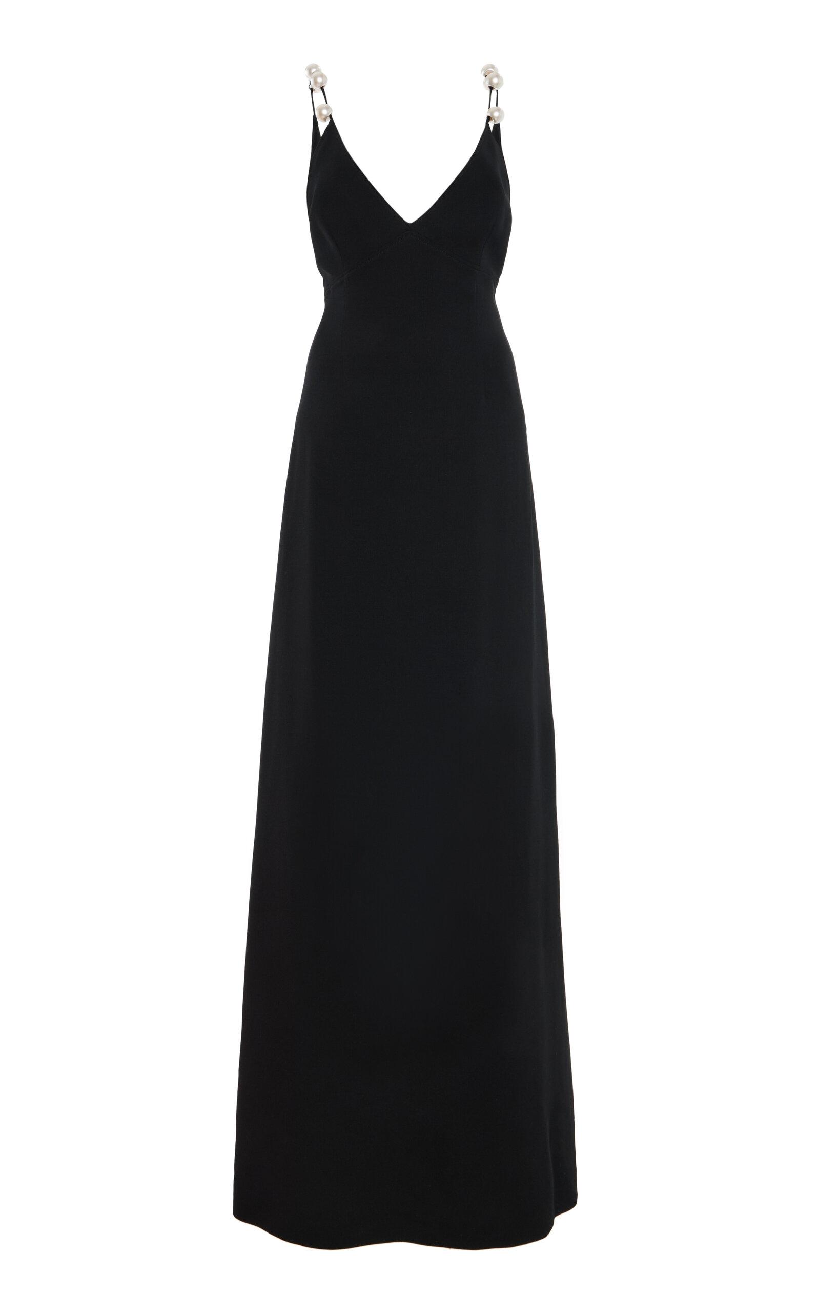 Monique Lhuillier A-Line V Neck Wool Blend Gown With Pearl Straps - Moda Operandi by MONIQUE LHUILLIER