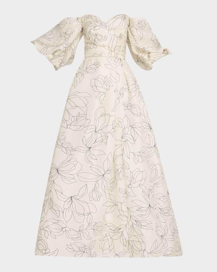 Off-The-Shoulder Floral Blouson-Sleeve Ball Gown by MONIQUE LHUILLIER