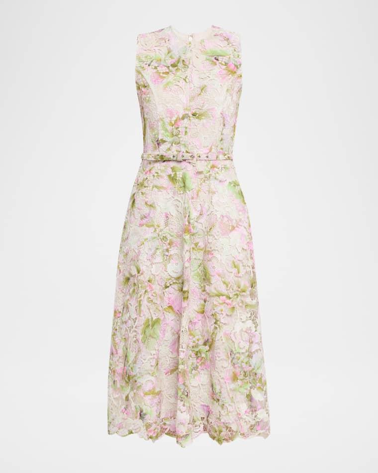 Printed Tulip Lace Sleeveless Belted Midi Dress by MONIQUE LHUILLIER