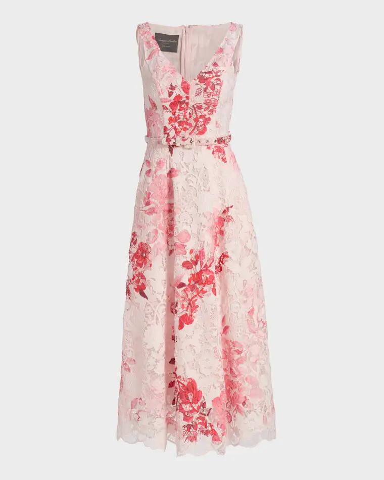 Rose-Print Lace Belted Sleeveless Midi Dress by MONIQUE LHUILLIER
