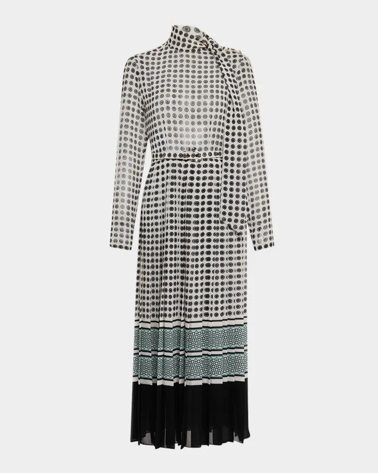 Scarf-Neck Pleated Midi Day Dress With Belt by MONIQUE LHUILLIER Scarf-Neck Pleated Midi Day Dress With Belt by MONIQUE LHUILLIER