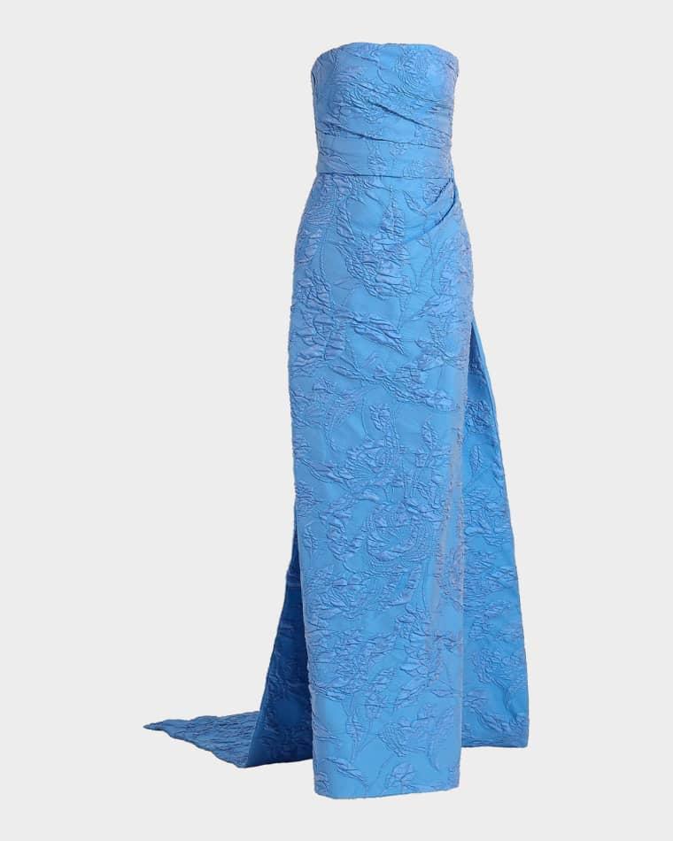 Strapless Draped-Train Bubble Jacquard Column Gown by MONIQUE LHUILLIER