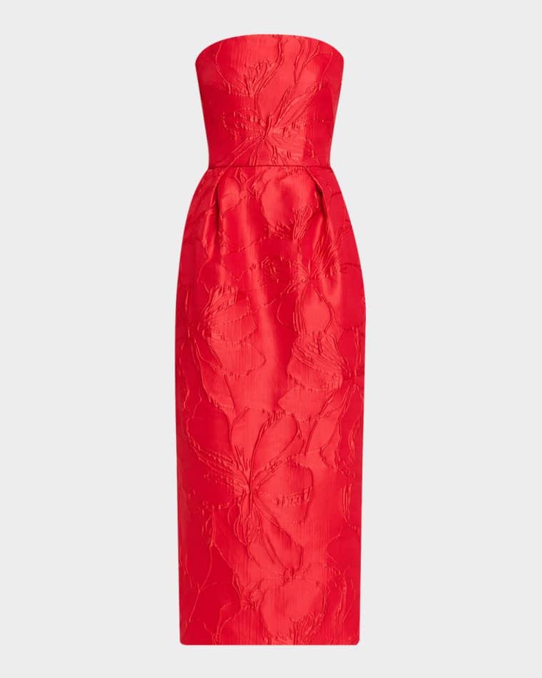 Strapless Rose Jacquard Midi Dress by MONIQUE LHUILLIER