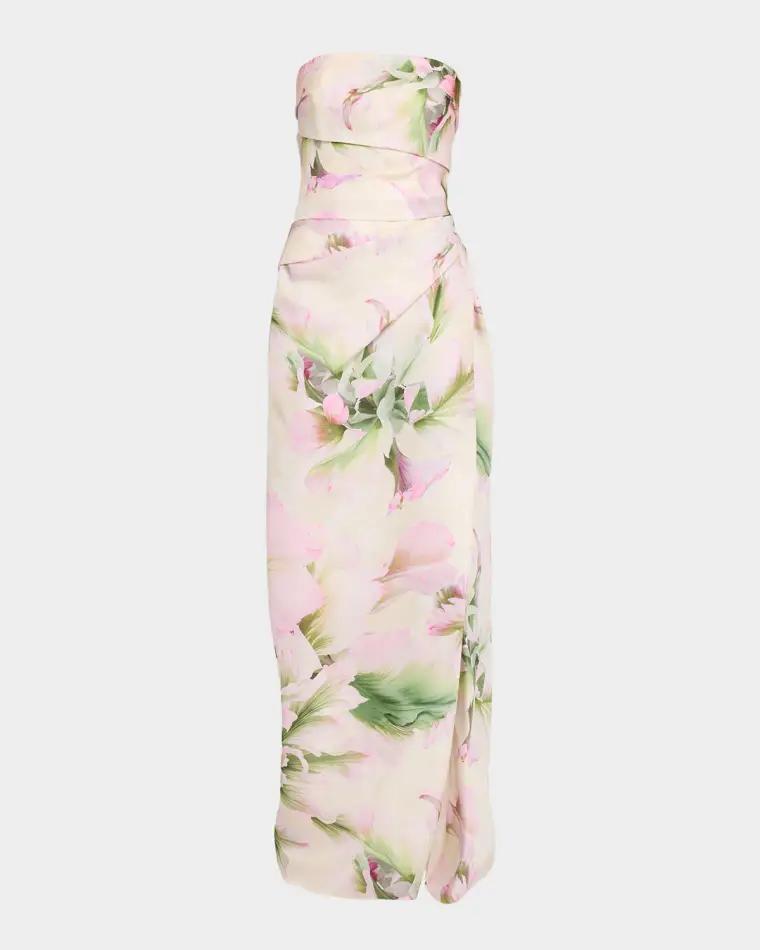 Strapless Tulip Printed Gown with Slit by MONIQUE LHUILLIER