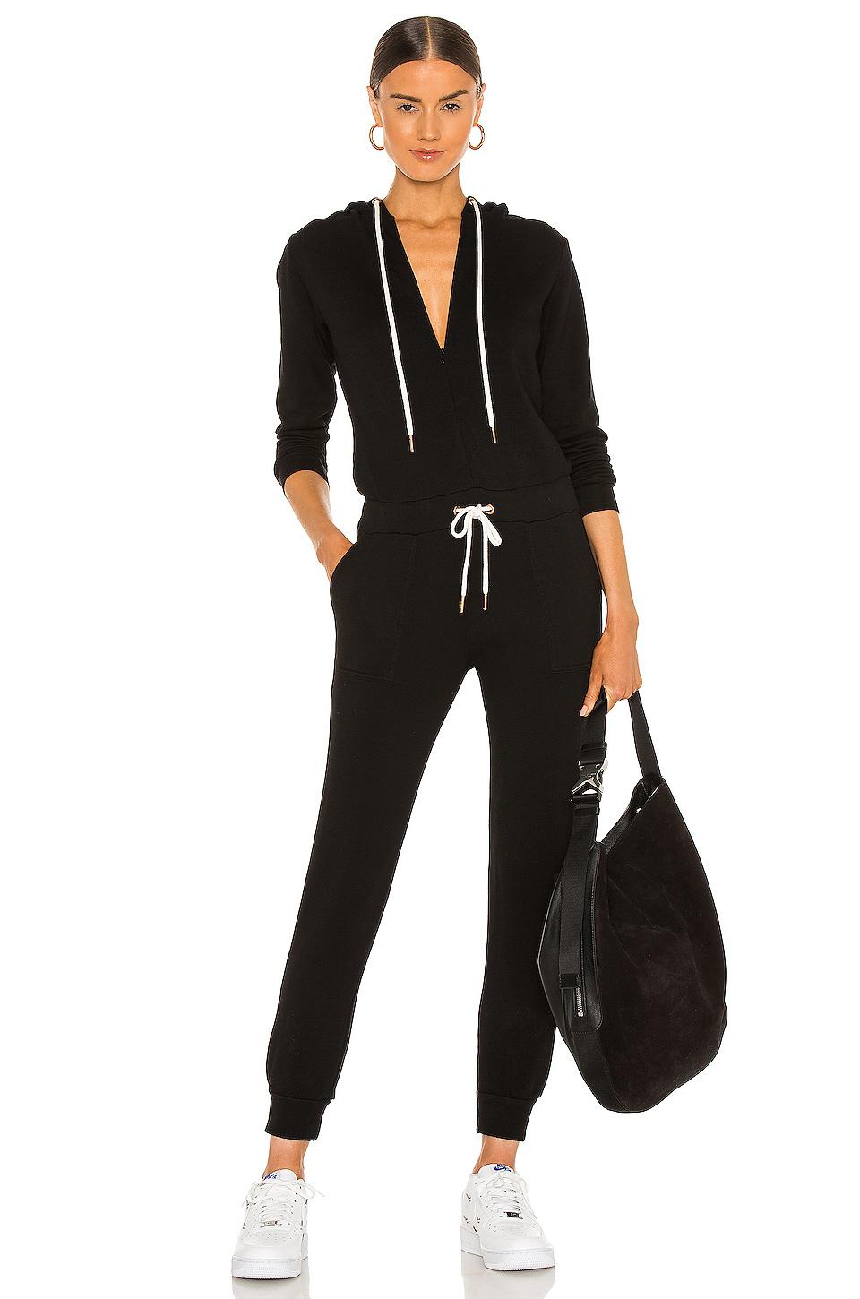 MONROW Supersoft Fleece Hooded Jumpsuit in Black by MONROW