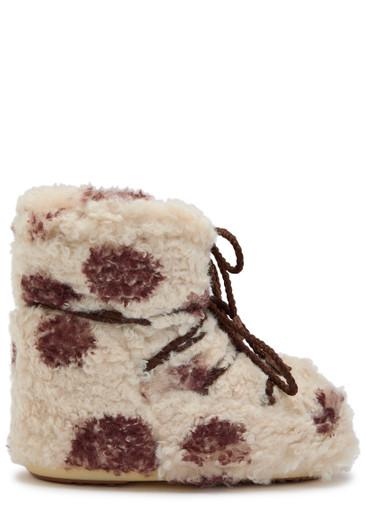Icon Curly cow-print faux fur ankle snow boots by MOON BOOT