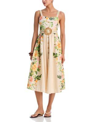 Belted Floral Midi Dress by MOON RIVER