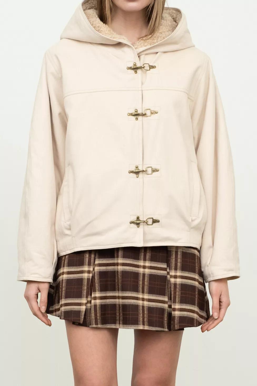 Moon River Ecru Toggle Button Fleece Lined Hooded Jacket by MOON RIVER