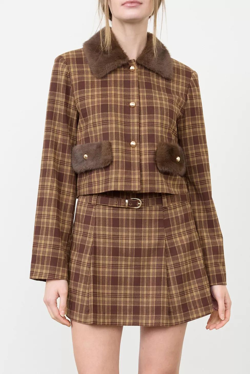 Moon River Faux Fur Trim Plaid Cropped Jacket by MOON RIVER