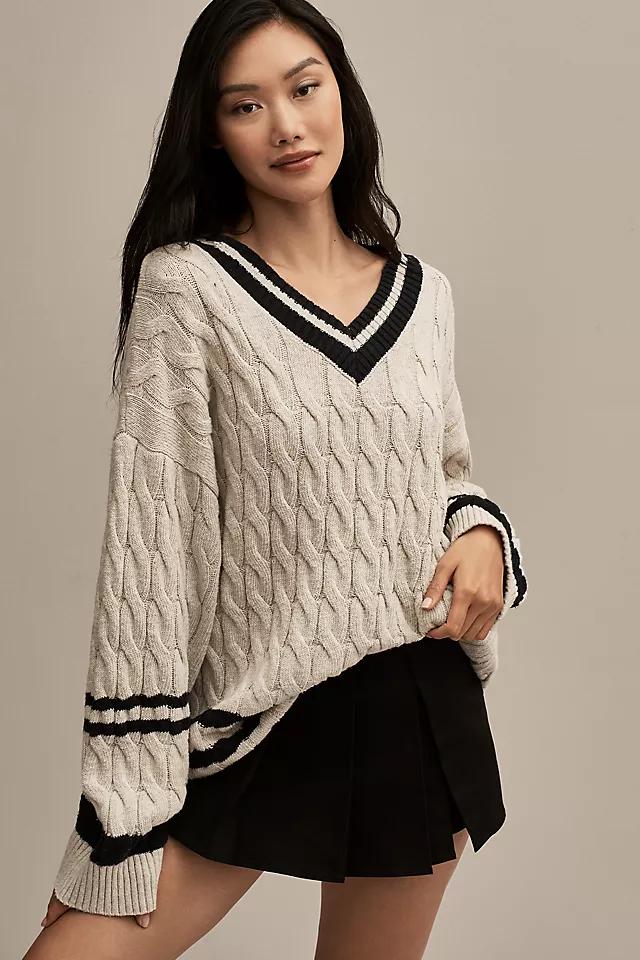Moon River Striped V-Neck Cable-Knit Sweater by MOON RIVER Moon River Striped V-Neck Cable-Knit Sweater by MOON RIVER