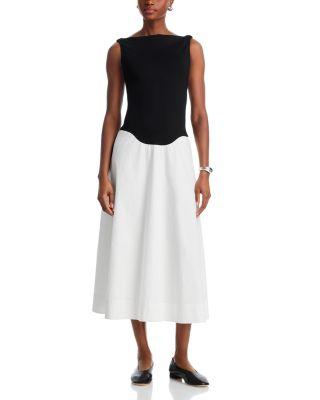 Off The Shoulder Drop Waist Mixed Media Midi Dress by MOON RIVER