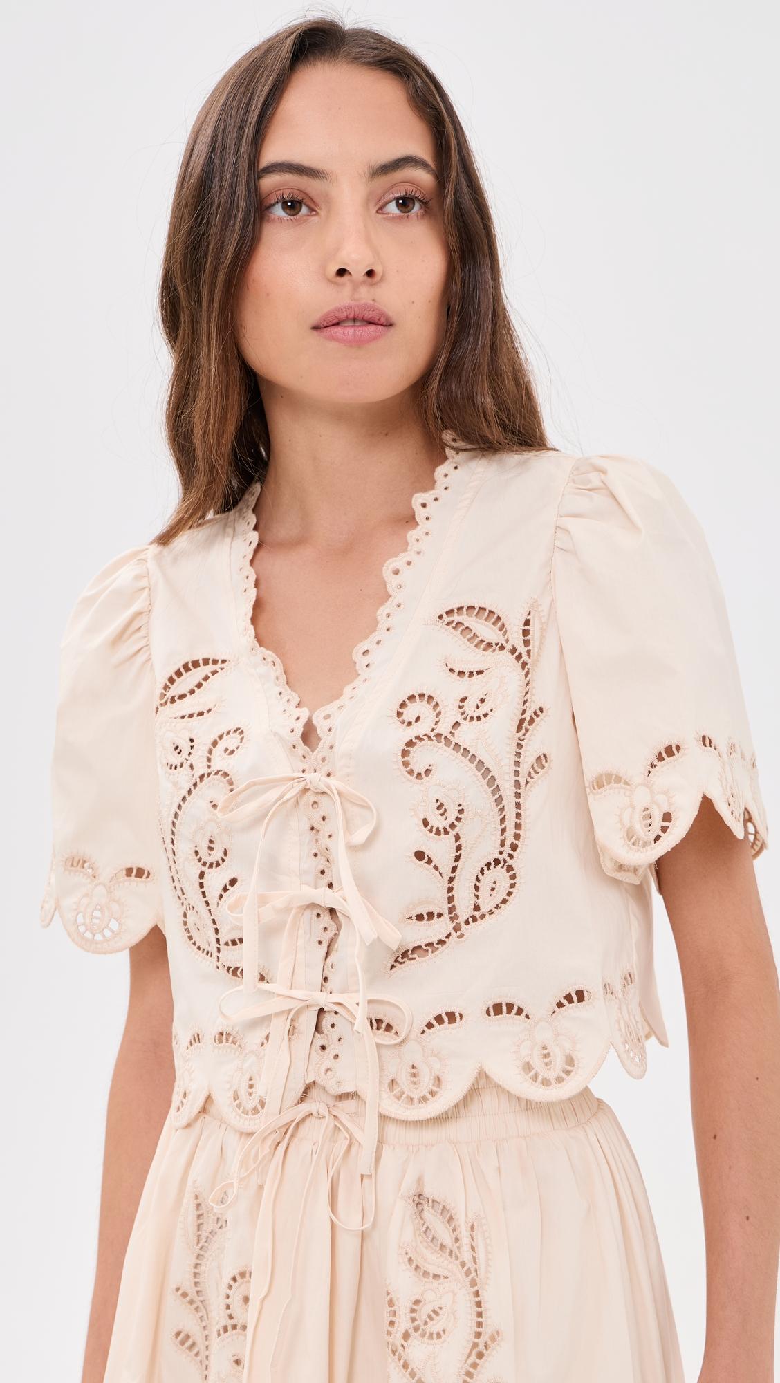 Short Sleeve Embroidered Eyelet Front Tie Top by MOON RIVER