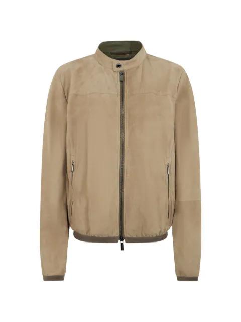 zip collar leather jacket by MOORER