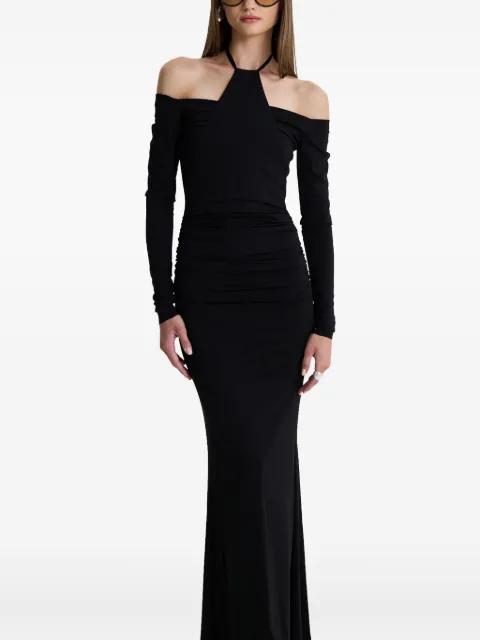Shadow Spiral off-shoulder fishtail maxi dress by MOOS STUDIO