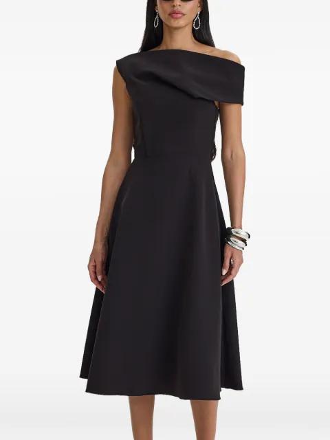 off-shoulder draped midi dress by MOOS STUDIO