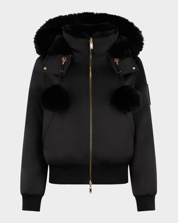 Debbie Satin Bomber Jacket with Removable Hood & Pom Poms by MOOSE KNUCKLES