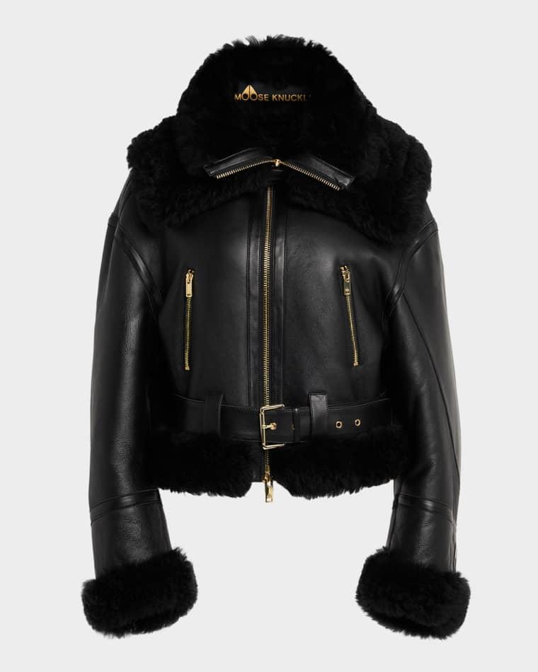 MTD Leather Biker Jacket with Shearling Trim by MOOSE KNUCKLES