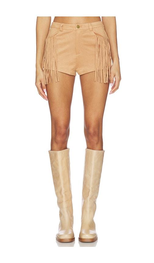 MORE TO COME Autumn Fringe Short in Tan by MORE TO COME