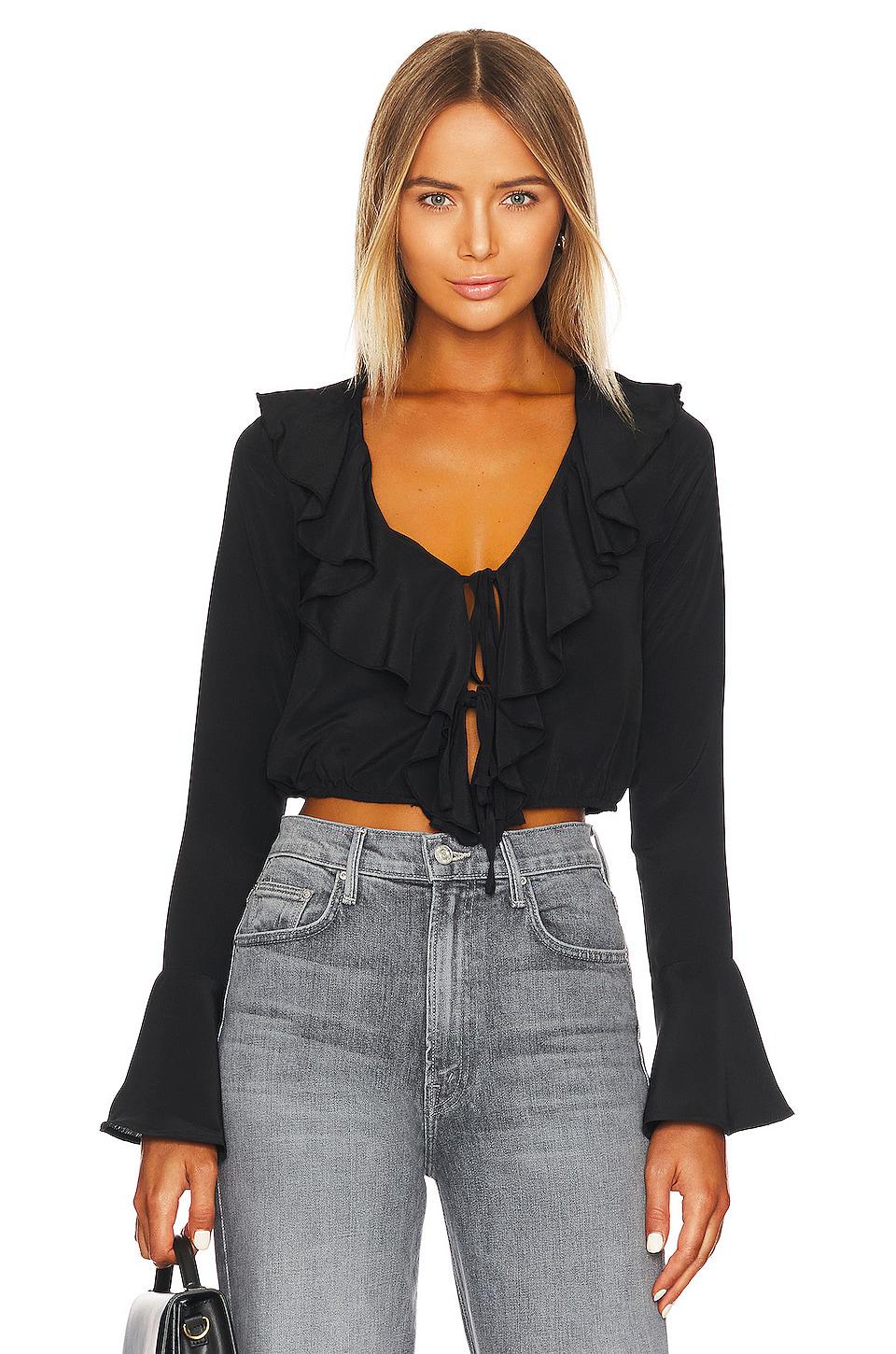 MORE TO COME Denise Ruffle Tie Top in Black by MORE TO COME