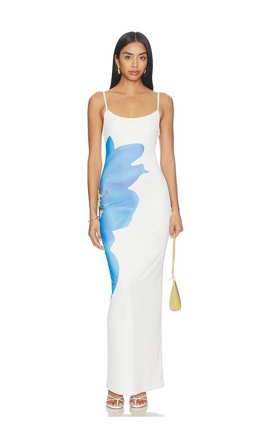 MORE TO COME Nadia Maxi Dress in White,Blue by MORE TO COME