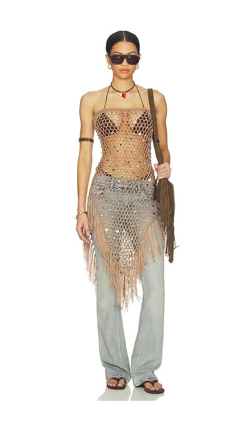 MORE TO COME Rami Fringe Strapless Dress in Tan by MORE TO COME