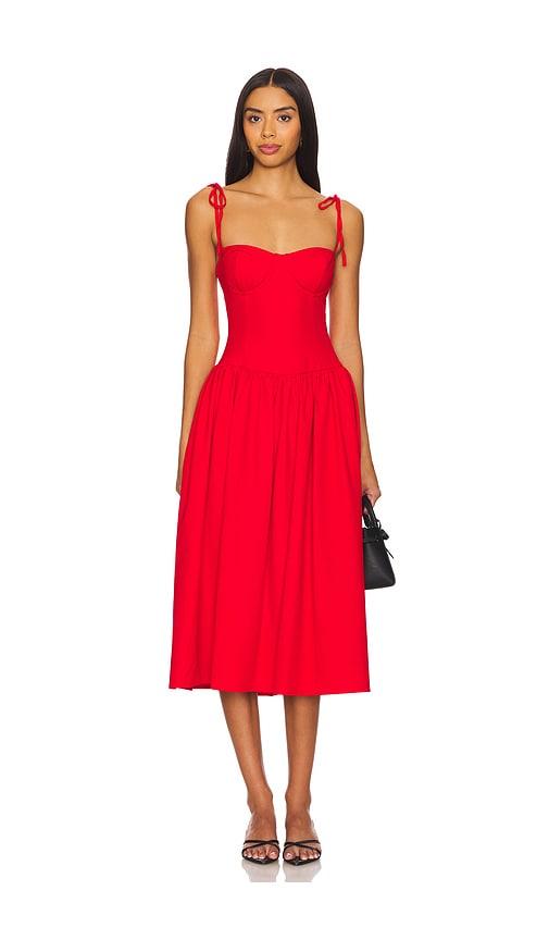 MORE TO COME Theresa Midi Corset Dress in Red by MORE TO COME